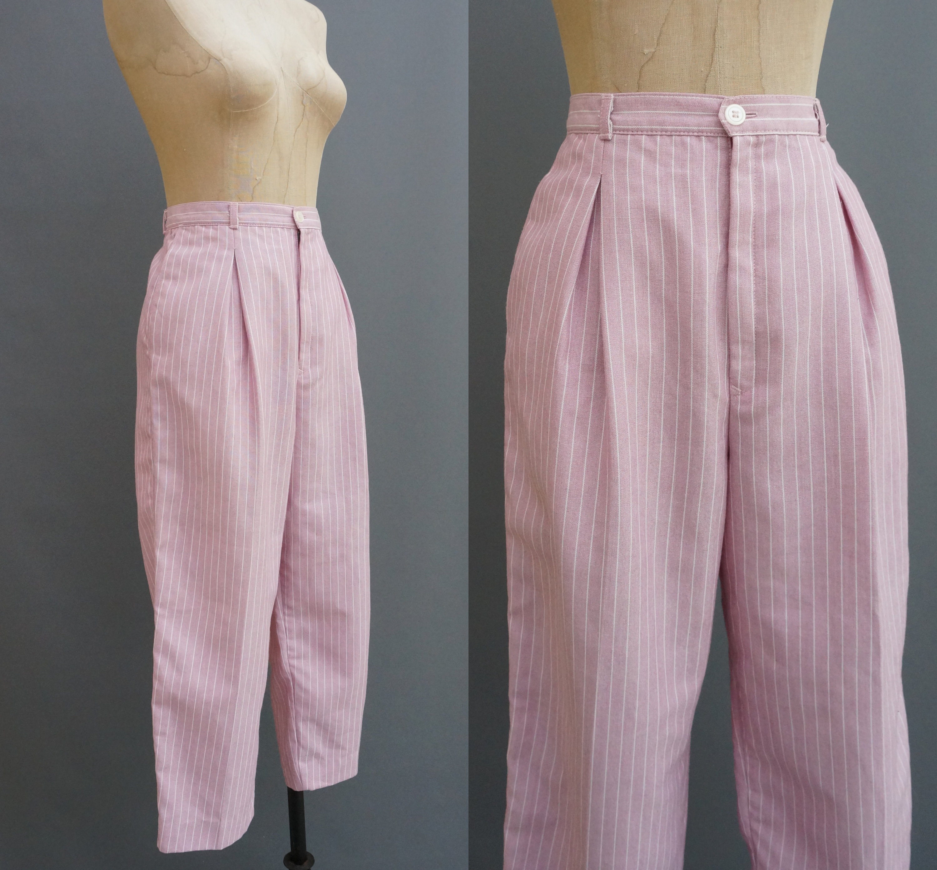 80's Pastel Pink Pin Striped Pleated Front Tapered Trousers, High Waisted  Pants, Brian David Canada. Size Medium 