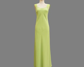90s Y2K Jenny Packham Lime Grün Maxi Kleid: Schrägschnitt, XS-S