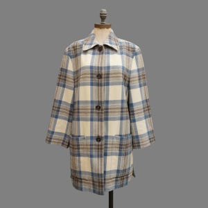 80’s Jobis, Wool cashmere checked painters smock coat in cream and blue Stewart tartan, Size Medium