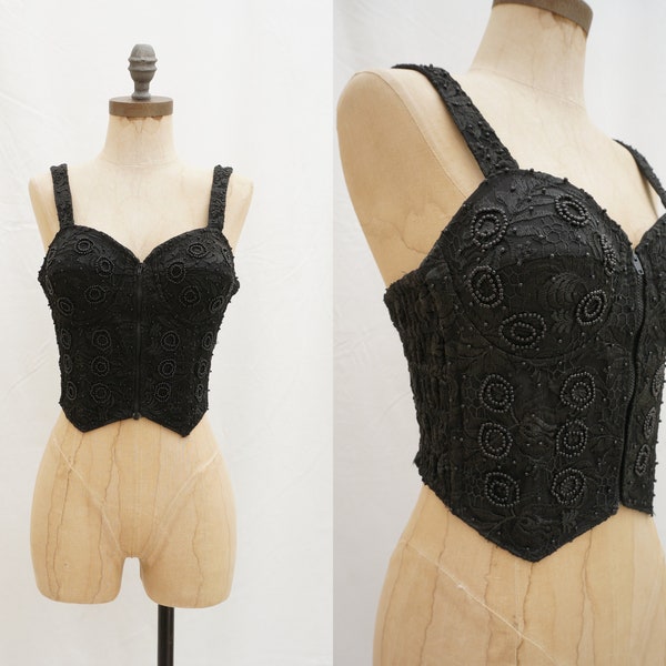 CLEARANCE 80's beaded lace bra corset cropped zip up top, padded cups, Size Small 36