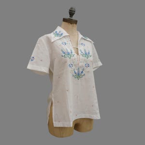 70's Rainbow Embroidered Cotton Blouse, Puff Sleeve Peasant Top, Boho Vintage Size Medium