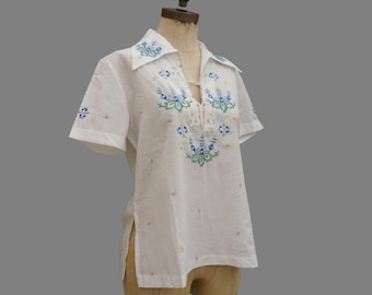 70er Jahre Regenbogen Bestickte Baumwollbluse, Puffärmel Top, Boho Vintage Größe Medium