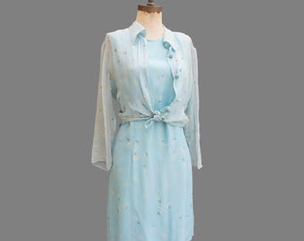 Y2K Seidenmini Kleid, Baby Blaue Daisy Blumen, Grösse S/M