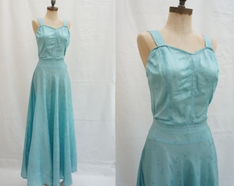 30's-40's turquoise blue rayon bias maxi slip dress with matching jacket, hair piece and quilted muff, 30s vintage dress, Size Small Medium