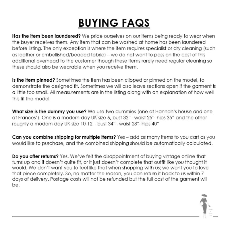 Puede incluir: Una p&aacute;gina blanca con el t&iacute;tulo "BUYING FAQS" en texto negro en negrita. El texto responde preguntas sobre las pr&aacute;cticas de la tienda, incluyendo lavado, fijaci&oacute;n, tallas, env&iacute;o combinado y devoluciones. Una peque&ntilde;a ilustraci&oacute;n de una persona est&aacute; en la esquina inferior derecha.