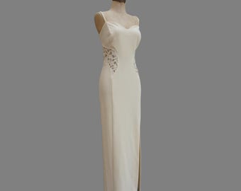 90er Jahre Vera Mont Creme Body con mit Spitze Ausschnitten, geschneidertes Hochzeitskleid Braut Größe Large