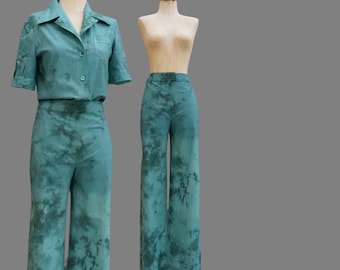 70er Jahre Michel Comte Teal Shibori Hosenanzug Set: Größe S