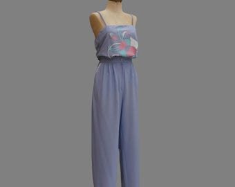 80er Jahre Lavendel Bundfaltenhose Set, Polyester Co-ord, Größe M-L