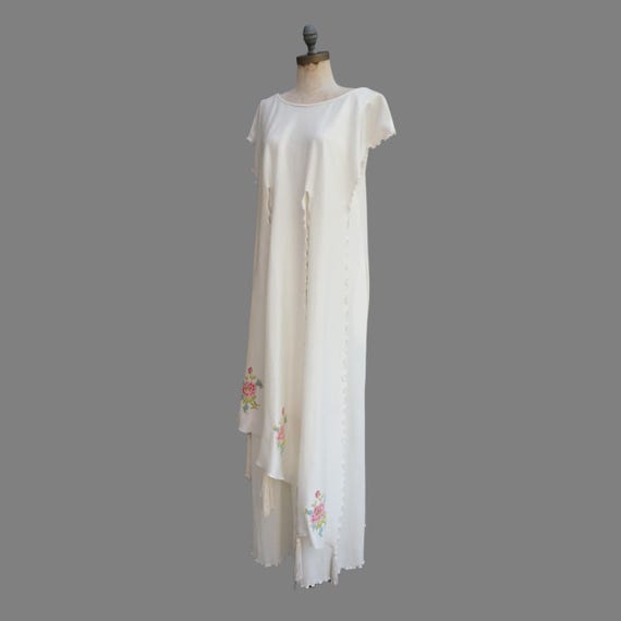 jean varon maxi dress 70's Jean Varon White Polyester Maxi Dress With Tassels and Embroidery,  Lettuce Hem, Pockets Size Small/medium