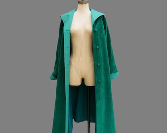 Cappotto a quadri verde in velluto a coste largo anni '70, collo largo, stile anni '50, taglia piccola-media