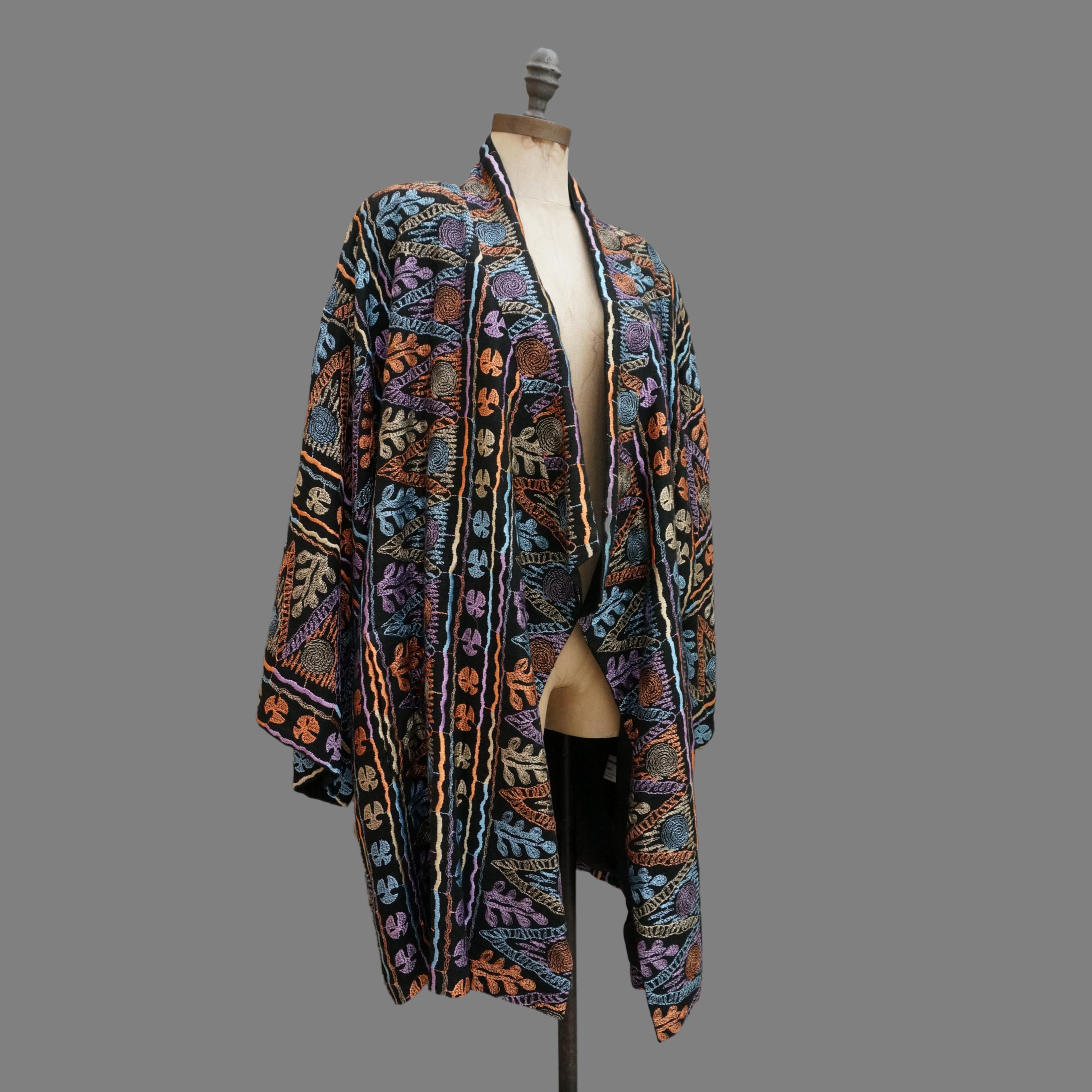 80s Terence Nolder 20's-style Black Linen With Rainbow Embroidery