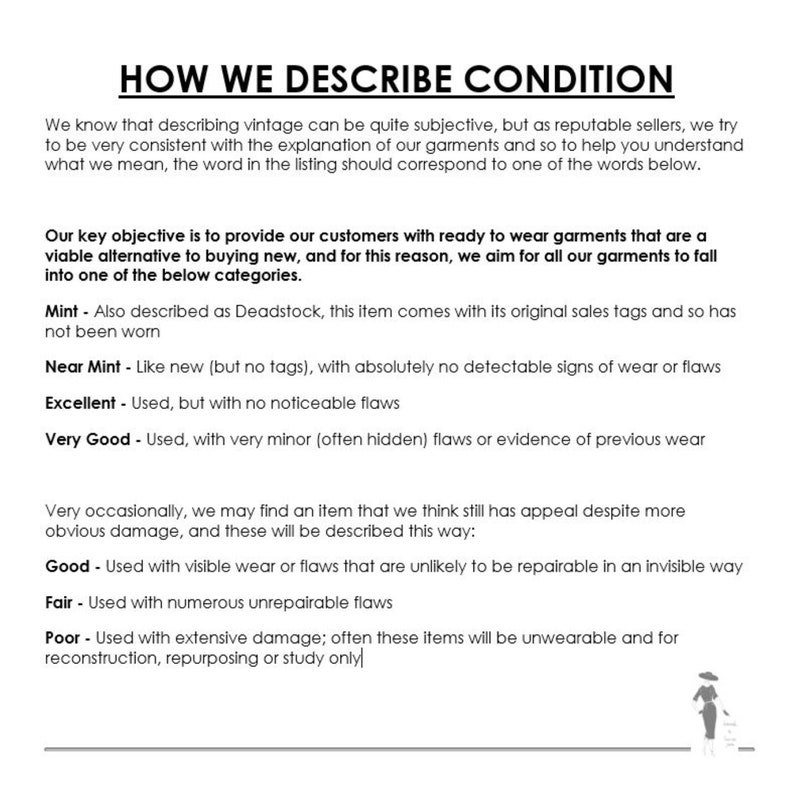 Puede incluir: Documento blanco con texto negro que explica las descripciones de condici&oacute;n de la ropa vintage. Las categor&iacute;as incluyen Mint, Near Mint, Excellent, Very Good, Good, Fair y Poor. El documento tiene como objetivo aclarar la condici&oacute;n de la ropa.