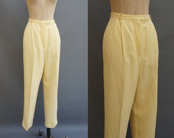 90's pastel yellow linen and silk turn up pleated front tapered trousers, high waisted pants, Ann Taylor Loft.  Size Small-Medium