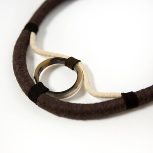 Dark brown linen and cotton wrapped rope necklace with horn, natural statement necklace, unisex, tribal, Nordic, viking, ancient, chocolate