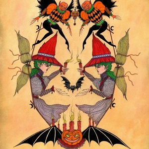 Stampa artistica "Halloween Mischief" - Decorazione da strega, pipistrello nero, folletto, zucca di Halloween, zucca vintage, paese delle fate