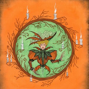 Stampa artistica "The Witching Frame" - Decorazioni di Halloween, moda edoardiana, stile vittoriano, ragazza Gibson, zucca
