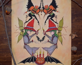 Halloween Mischief Fine Art Print - Witch Decor, Black Bat, Goblin, Jack o&#39; Lantern, Vintage Pumpkin, Fairyland