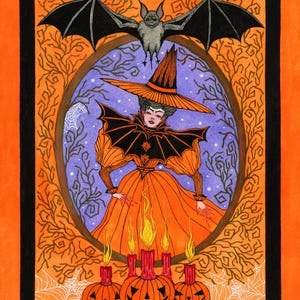 Stampa artistica "La Signora di Samhain" - Decorazione di Halloween, strega, stile vittoriano, zucca di Halloween, ragnatela, zucca, foresta incantata