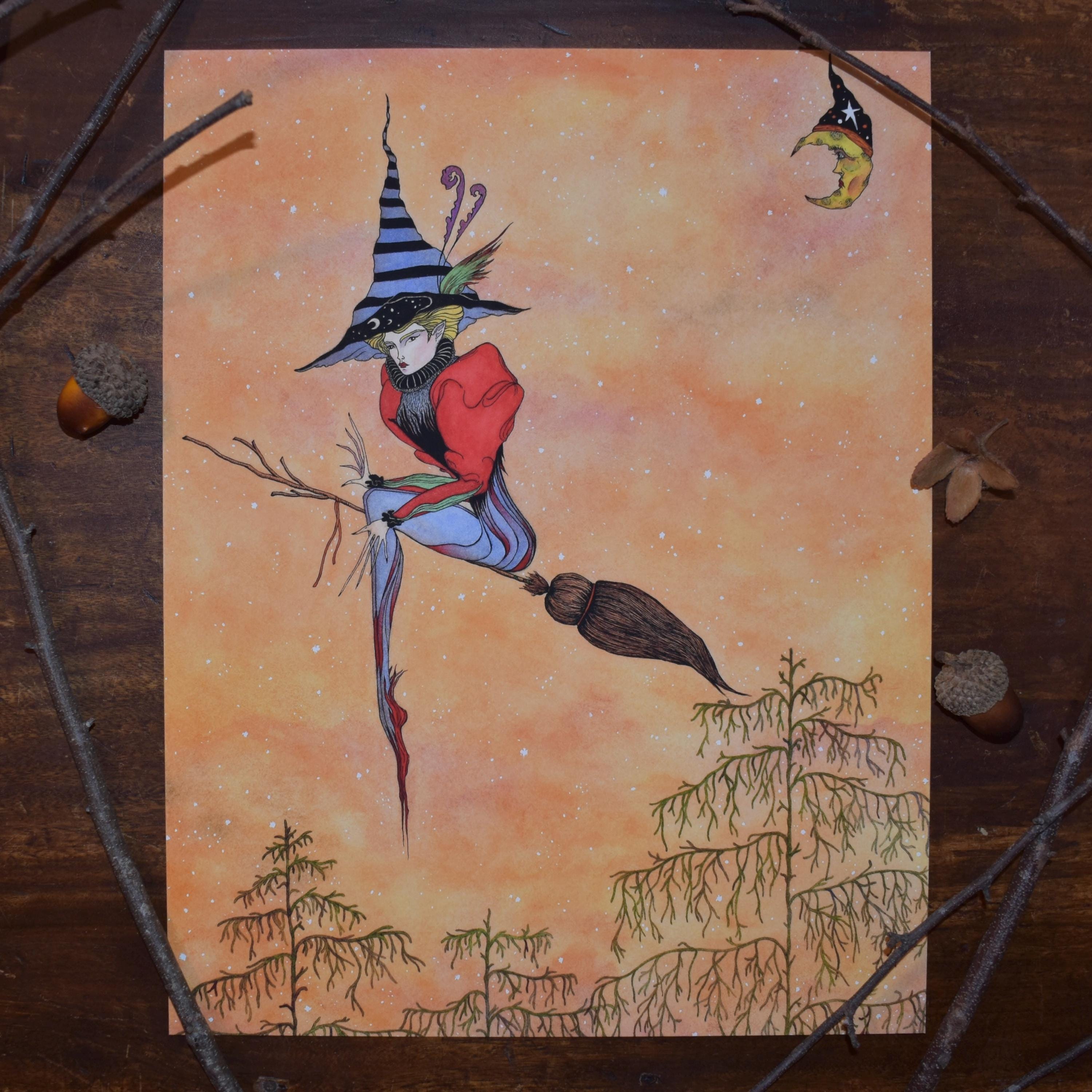 Autumn Flight Fine Art Print - Halloween Decor, Flying Witch, Broom, Victorian Style, Gothic, Crescent Moon