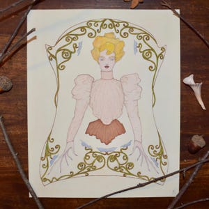 Origineel gouacheschilderij van een edwardiaanse dame - art nouveau, Gibson Girl, Victoriaanse stijl, wanddecoratie
