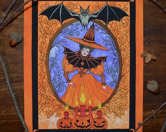 The Lady of Samhain Fine Art Print- Halloween Decor, Gothic Witch, Victorian Style, Jack o&#39; Lantern, Spiderweb