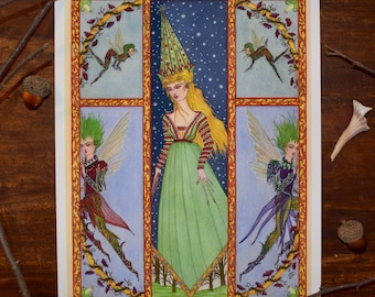 Lámina artística de princesa elfa: alas de hada, ilustración de cuento de hadas, decoración de hadas, bosque encantado