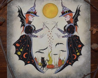 Midnight Conjure Fine Art Print - Halloween Decor, Gothic, Witchcraft, Jack o&#39; Lantern, Vintage Pumpkin, Black Cat, Victorian Style