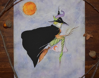 Taking Flight, in the Full Moon Light Fine Art Print- Halloween Decor, Gothic Witch, Broomstick, Victorian Style, Full Moon, Starry Night