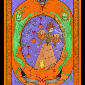 Stampa artistica "Samhain Spells" - Decorazioni di Halloween, stile vittoriano, moda edoardiana, ragazza Gibson, Jack o' Lantern, zucca vintage