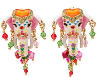 Ritzy Couture Royal Maharaja Hypoallergenic Painted Handmade Friendship Traditional Indian Elephant Multicolor Dangle Earrings (Goldtone)