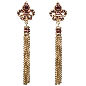 May include: Gold earrings with red crystal fleur-de-lis charms and long gold chain tassels.