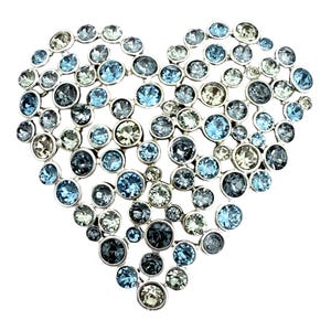 Oscar de la Renta Multi-Blue Crystal Open-Work Heart Brooch, 3” x 2.75”