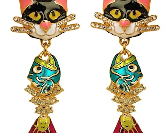 Ritzy Couture Alley Cat & Fishbone Charm Earrings for Women Clip-on Earring (Goldtone)