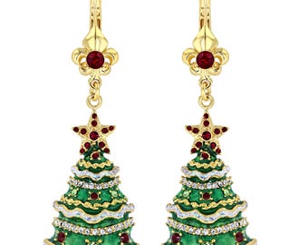 Ritzy Couture Women’s Enamel Christmas Decorated Tree Dangling Ornament Charm Earrings (Goldtone)