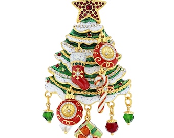 Christmas Tree Ornament Charm Brooch Pin by Ritzy Couture DeLuxe – 18k Gold Layered Brass