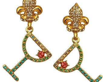 Ritzy Couture Pave Crystal Margarita Cocktail Multicolor Pool Party Fleur De Lis Statement Fiesta Beverage Drink Earrings for Women Goldtone