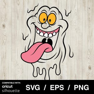 May include: A cartoon illustration of a smiling ghost-like character with a long pink tongue, yellow eyes, and a wide grin. The figure is white with black outlines and dripping details. The image includes the text "SVG / EPS / PNG" and "Compatible with: Cricut silhouette".