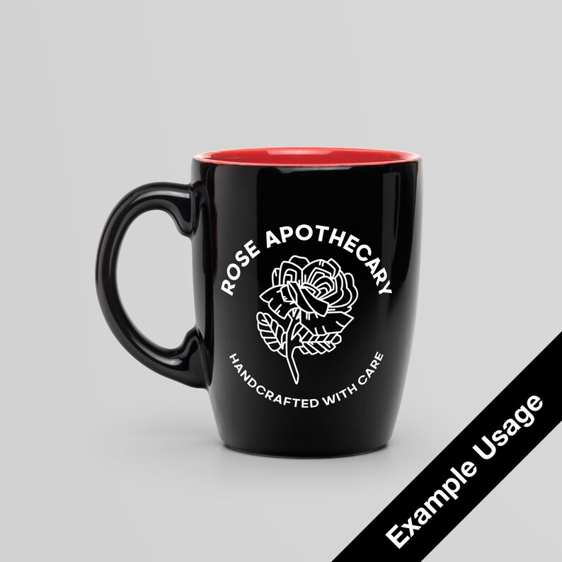 May include: Black ceramic mug with a red interior. The mug features a white design of a rose with the text "Rose Apothecary Handcrafted with Care".