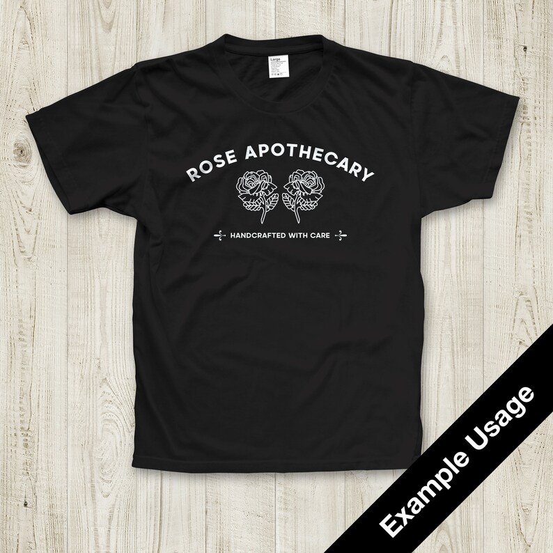 May include: Black t-shirt with white text that reads "ROSE APOTHECARY" and a graphic of two roses. The text below the roses reads "HANDCRAFTED WITH CARE".