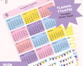 Könnte beinhalten: Druckbare Planer-Aufkleber mit einem 2024-Kalender, mit farbenfrohen Monatskalendern, Flaggen und motivierenden Sätzen wie "Feiertage", "Ziele", "Notizen" und "Gefühle sind gültig".