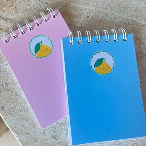 May include: Two small spiral bound notebooks with a lemon design. One notebook is pink and the other is blue.