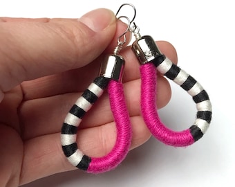 DROPLET EARRINGS - rope earrings, ochre, teal, pink, textile jewelry, black & white stripe, cotton, gift, fiber, striped, dangle, statement