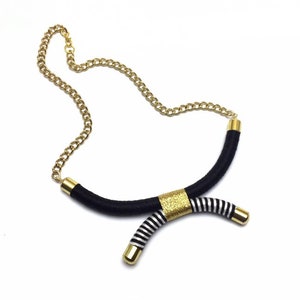 HEMISPHERE NECKLACE - rope necklace, black statement necklace, striped, black and white, bib necklace, textile, thread, chain, magenta