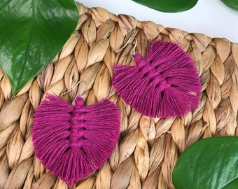 MACRAME LEAF EARRINGS - statement earrings, boho chic, handmade, cotton textile, bohemian, macrame feather, tassel, gift, fiber rope jewelry