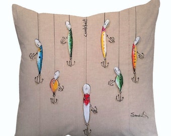 CRANKBAIT LURE PILLOW Sham, Christmas Gift For Men, Multi-Color 18" Square Cover, Hand Painted Fish Lures