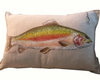 RAINBOW TROUT PILLOW Cover, Holiday Gift Idea For Men,  Decorative Fish Throw Pillow, Sham With Lure