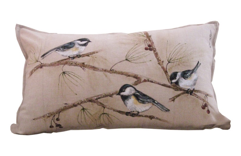 CHICKADEE BIRD PILLOW Hand Painted Original Design Lumbar Etsy