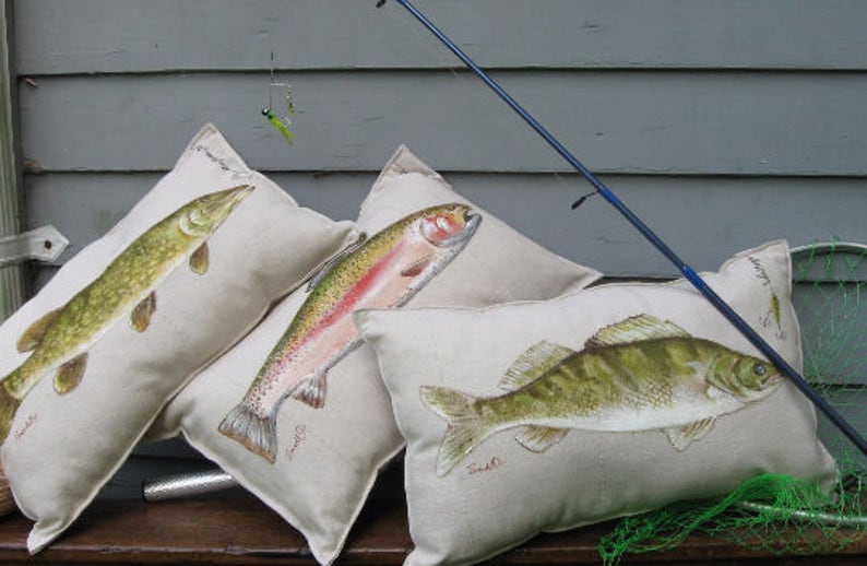 STRIPED BASS PILLOW With Lure Fish Throw Pillow Cover Hand Etsy