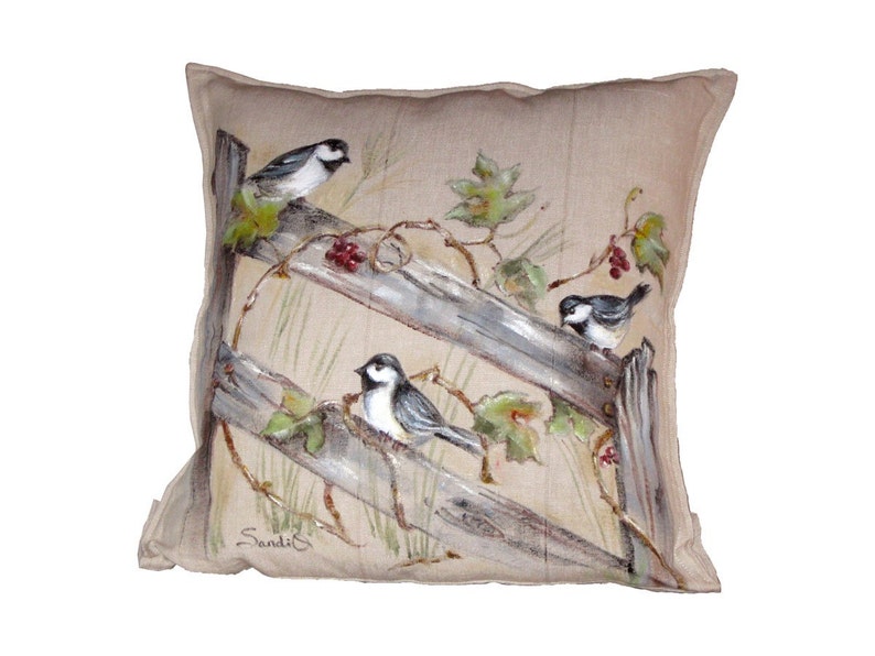 Bird & Pine Tree Chickadees Square Pillow Cover – 14x14 Inch Canvas Decorative Cushion Case