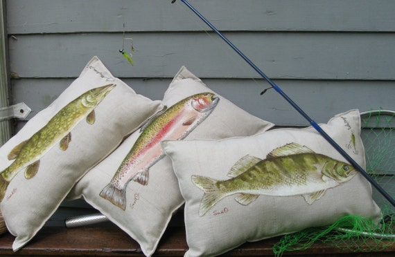 NORTHERN PIKE FISH Pillow Cover, Decorative Fish Pillow Sham, 12 x 20  Hand Painted Pillow